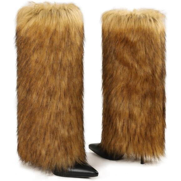 Women's Light Brown Fur Knee High Heels Wide Calf Fold Over Fashion Boots Shoes - Picture 3 of 6